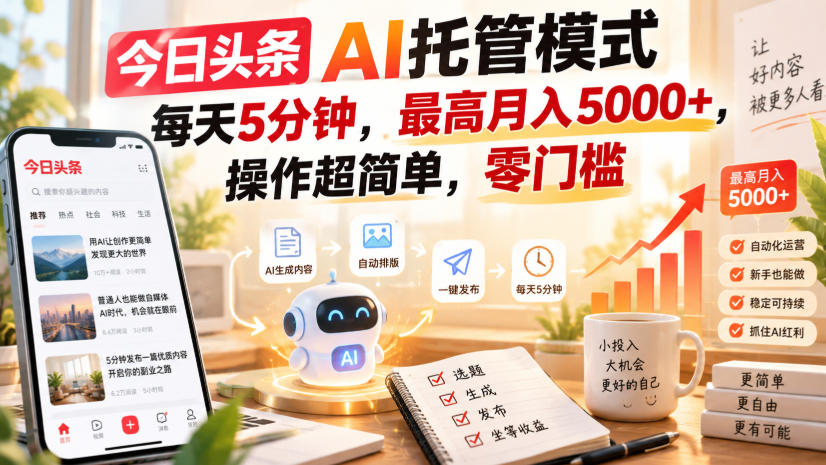 今日头条AI托管模式,每天5分钟,最高月入5000+,操作超简单,零门槛【揭秘】_76创客网