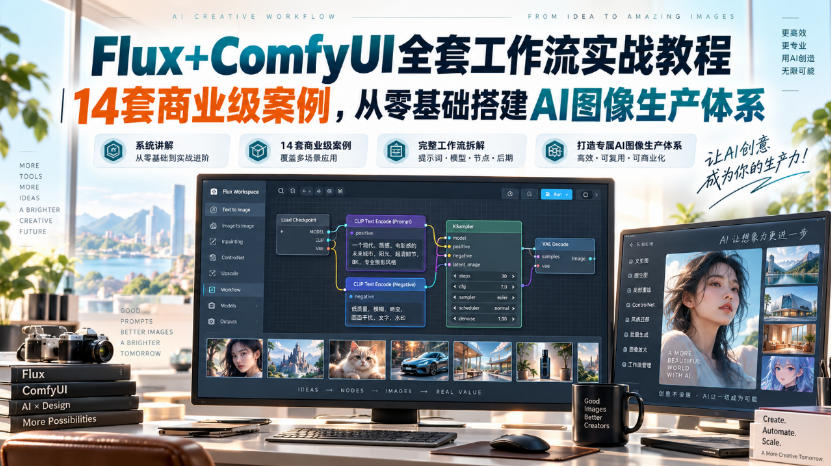 Flux+ComfyUI全套工作流实战教程|14套商业级案例,从零基础搭建AI图像生产体系_76创客网