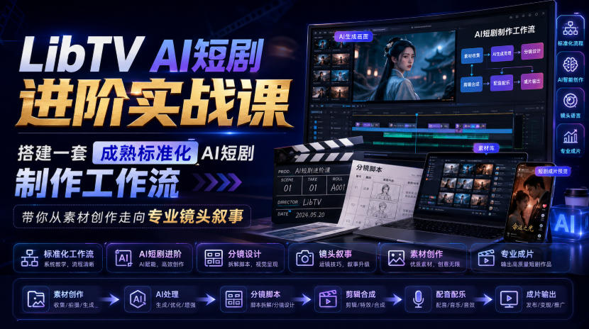LibTV AI短剧进阶实战课，搭建一套成熟标准化AI短剧制作工作流，带你从素材创作走向专业镜头叙事_76创客网