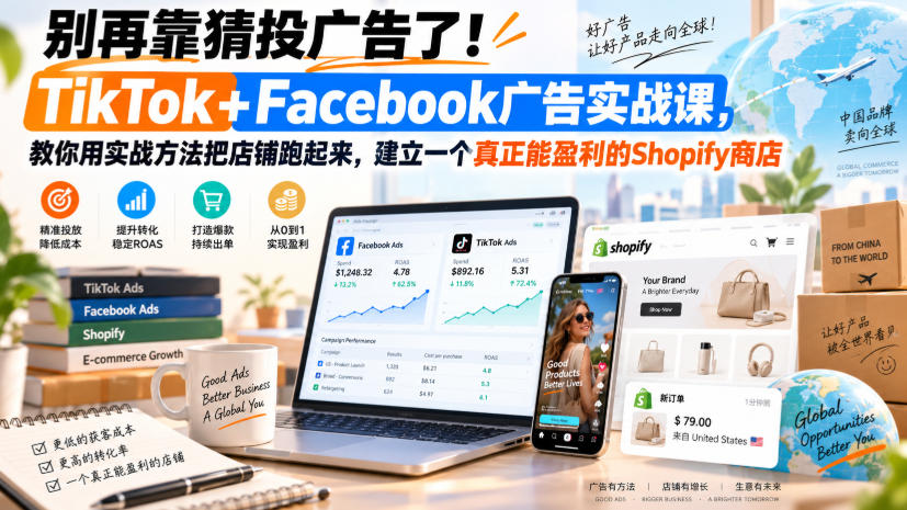 别再靠猜投广告了!TikTok+Facebook广告实战课,教你用实战方法把店铺跑起来,建立一个真正能盈利的Shopify商店【原创双语字幕】_76创客网