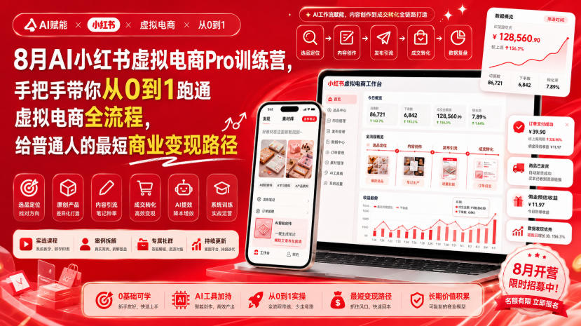 8月AI小红书虚拟电商Pro训练营，手把手带你从0到1跑通虚拟电商全流程，给普通人的最短商业变现路径_76创客网