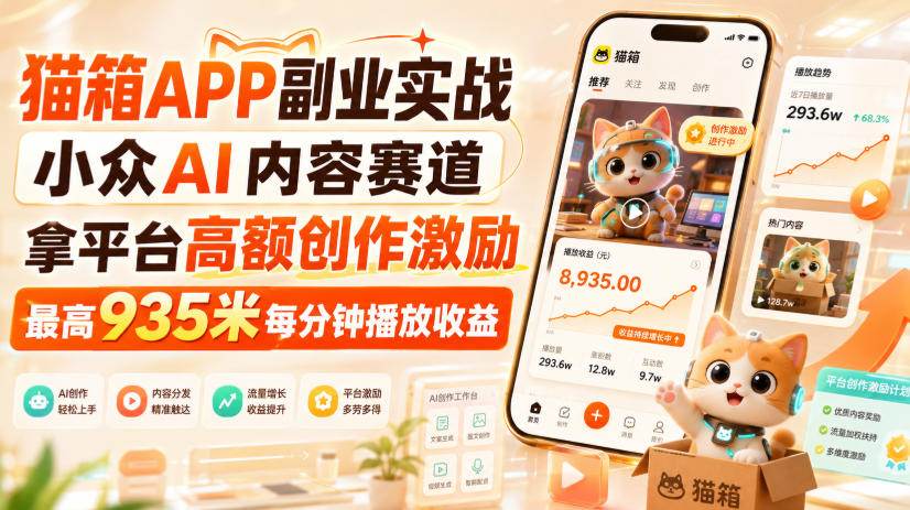 猫箱APP副业实战,小众AI内容赛道,拿平台高额创作激励,最高935米每分钟播放收益_76创客网