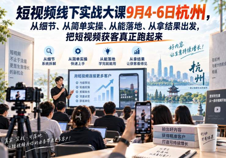 短视频线下实战大课9月4-6日杭州,从细节、从简单实操、从能落地、从拿结果出发,把短视频获客真正跑起来_76创客网