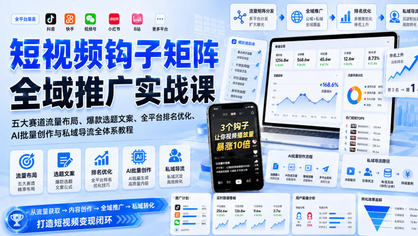 短视频钩子矩阵全域推广实战课｜五大赛道流量布局、爆款选题文案、全平台排名优化、AI批量创作与私域导流全体系教程_76创客网