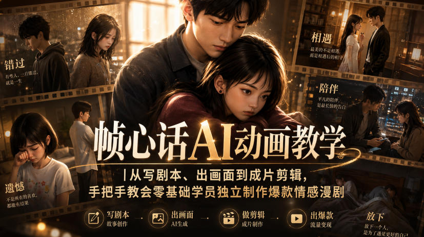 帧心话AI动画教学｜从写剧本、出画面到成片剪辑，手把手教会零基础学员独立制作爆款情感漫剧_76创客网