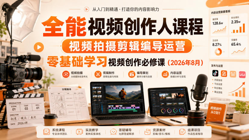 全能视频创作人课程，视频拍摄剪辑编导运营，零基础学习视频创作必修课（2026年8月）_76创客网