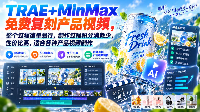 TRAE+MinMax免费复刻产品视频,整个过程简单易行,制作过程积分消耗少,性价比高,适合各种产品视频制作_76创客网
