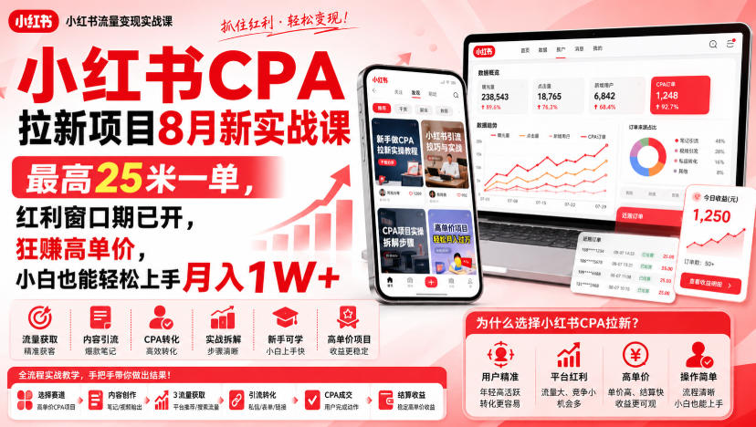 小红书CPA拉新项目8月新实战课，最高25米一单，红利窗口期已开，狂賺高单价，小白也能轻松上手月入1W+_76创客网