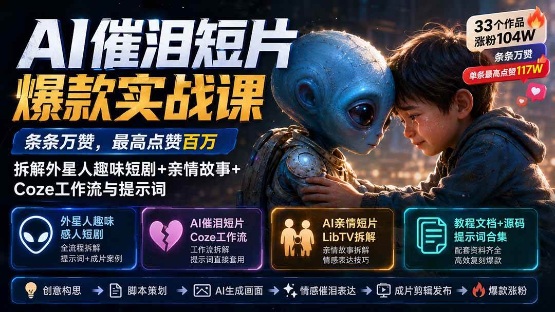 （20038期）AI催泪短片爆款实战课：条条万赞，最高点赞百万，拆解外星人趣味短剧+亲情故事+Coze工作流与提示词